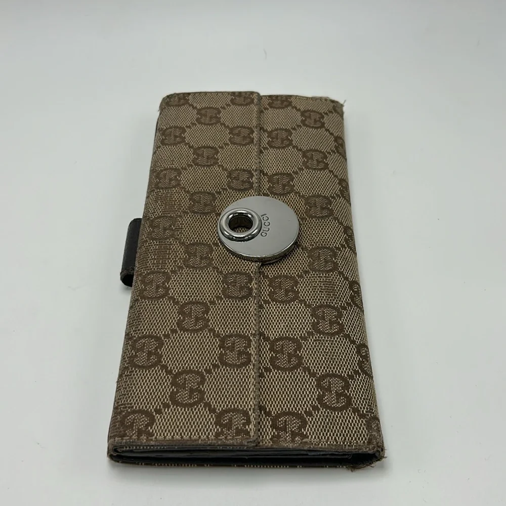 Authentic Vintage Gucci Double Snap Brown Web Long Wallet